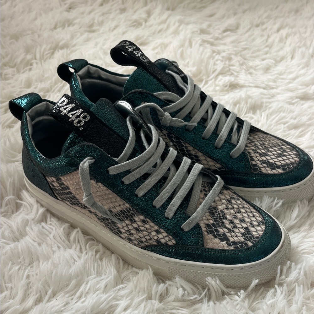 P448 Teal Glitter and Snake Print Sneakers size 38